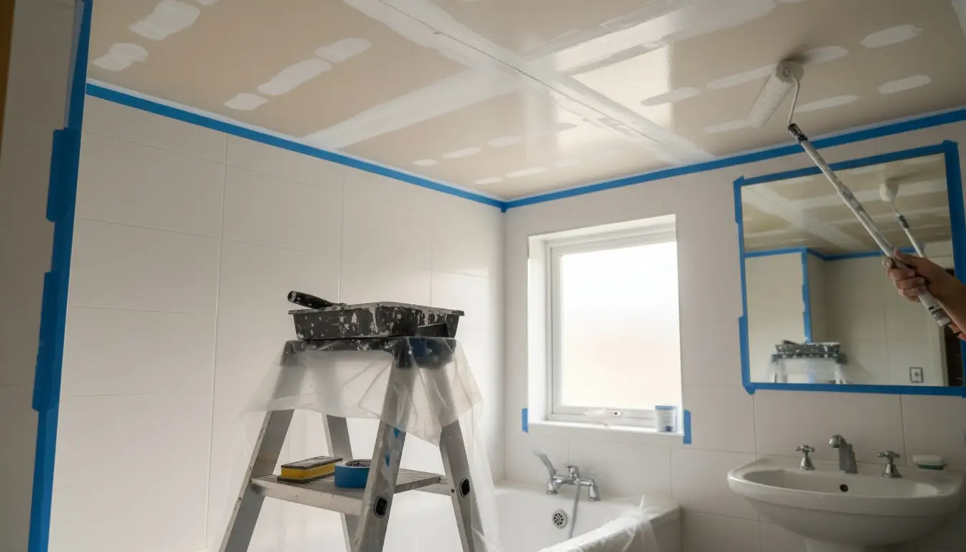 Et nyt gipsloft i et badeværelse bliver spartlet og malet hvidt med stige, malerbakke og afdækning.