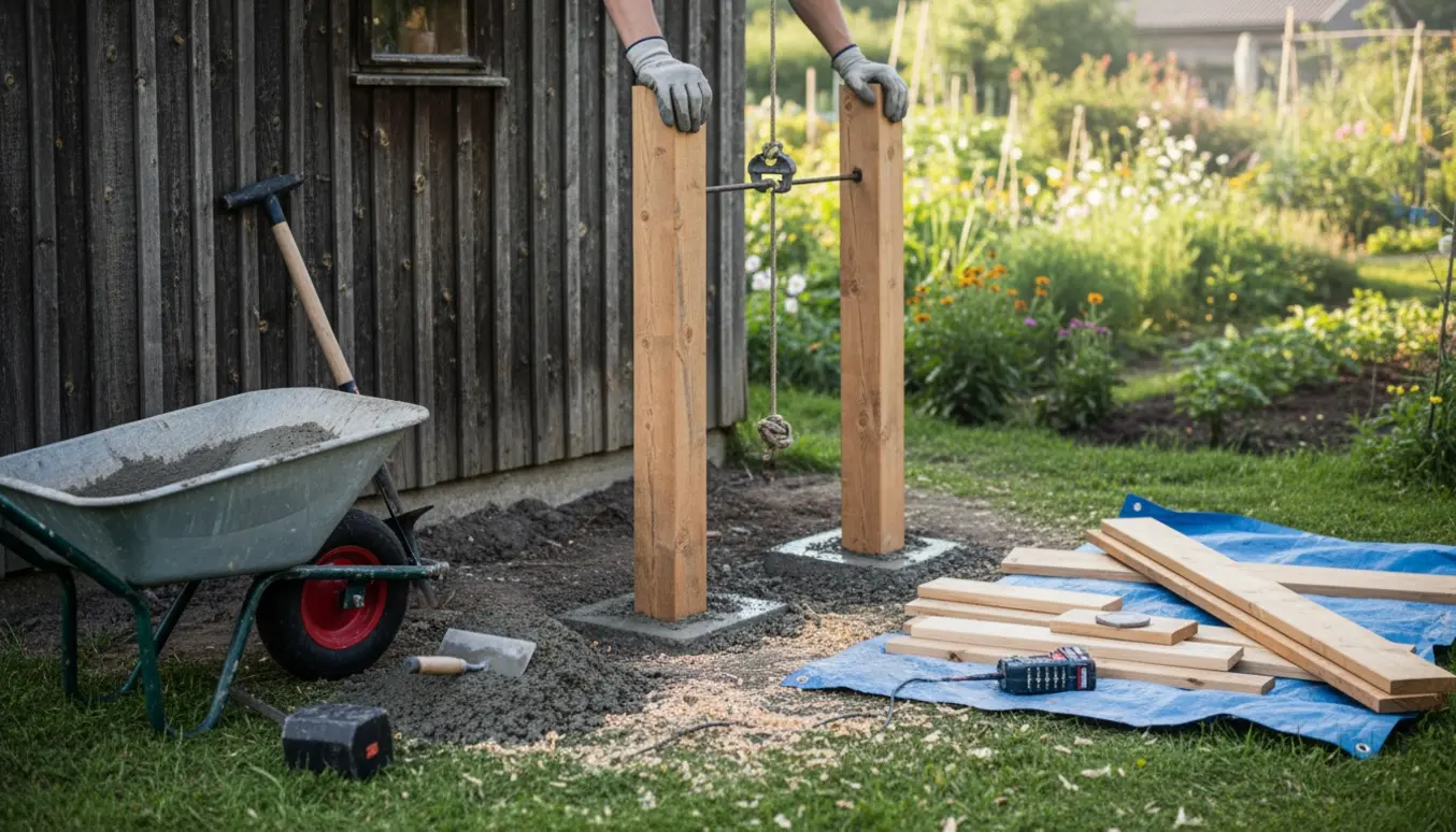 To nye bjælker støbes i beton ved enden af et kolonihavehus, med nye brædder og værktøj klar.