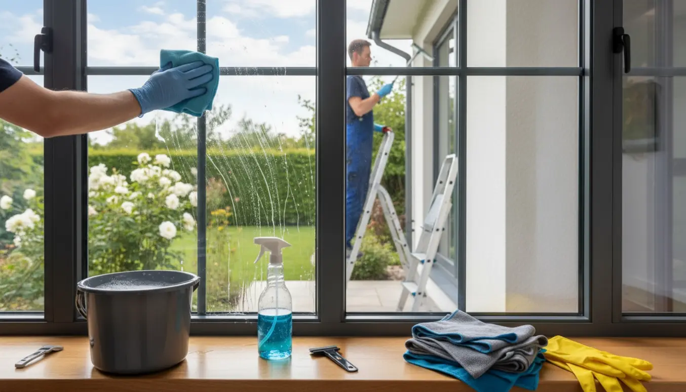 Indvendig og udvendig pudsning af fire vinduespartier med skraber, mikrofiberklud og spand.