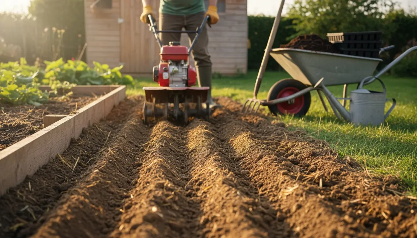 Tæt foto af en fræset køkkenhave med leret jord og en havefræser i arbejde.