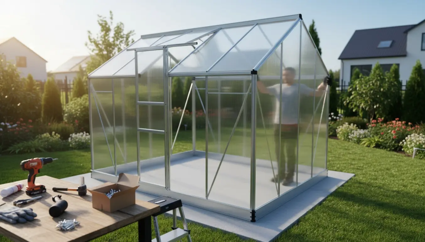 Nærbillede af montering af et 11 m² drivhus med polycarbonatpaneler og værktøj i forgrunden.