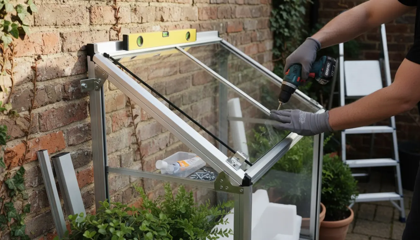 Montage af et lille vægdrivhus mod en mur med handske‑klædte hænder, boremaskine og aluminiumsramme.