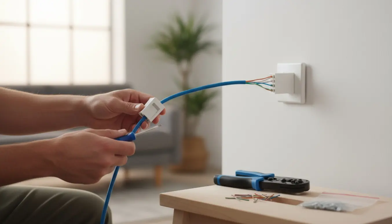 Nærbillede af hænder, der forkorter et Ethernet-kabel og genmonterer et netværksstik på en væg.