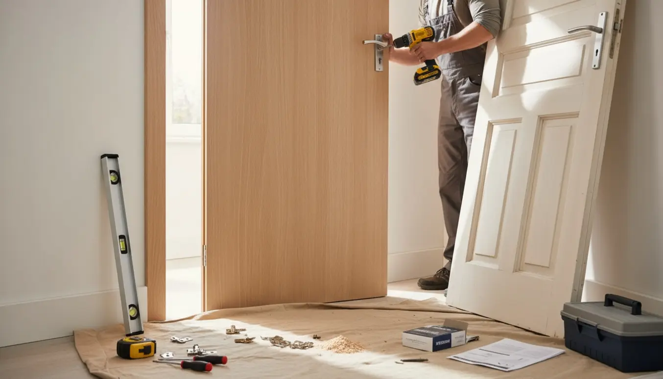 To personer udskifter en gammel indvendig dør i en lys entré med fokus på hængsler og værktøj.