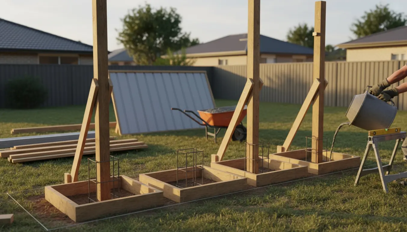 Forlænget carport i opbygning med nye træsøjler og betonarbejde i en baggård.