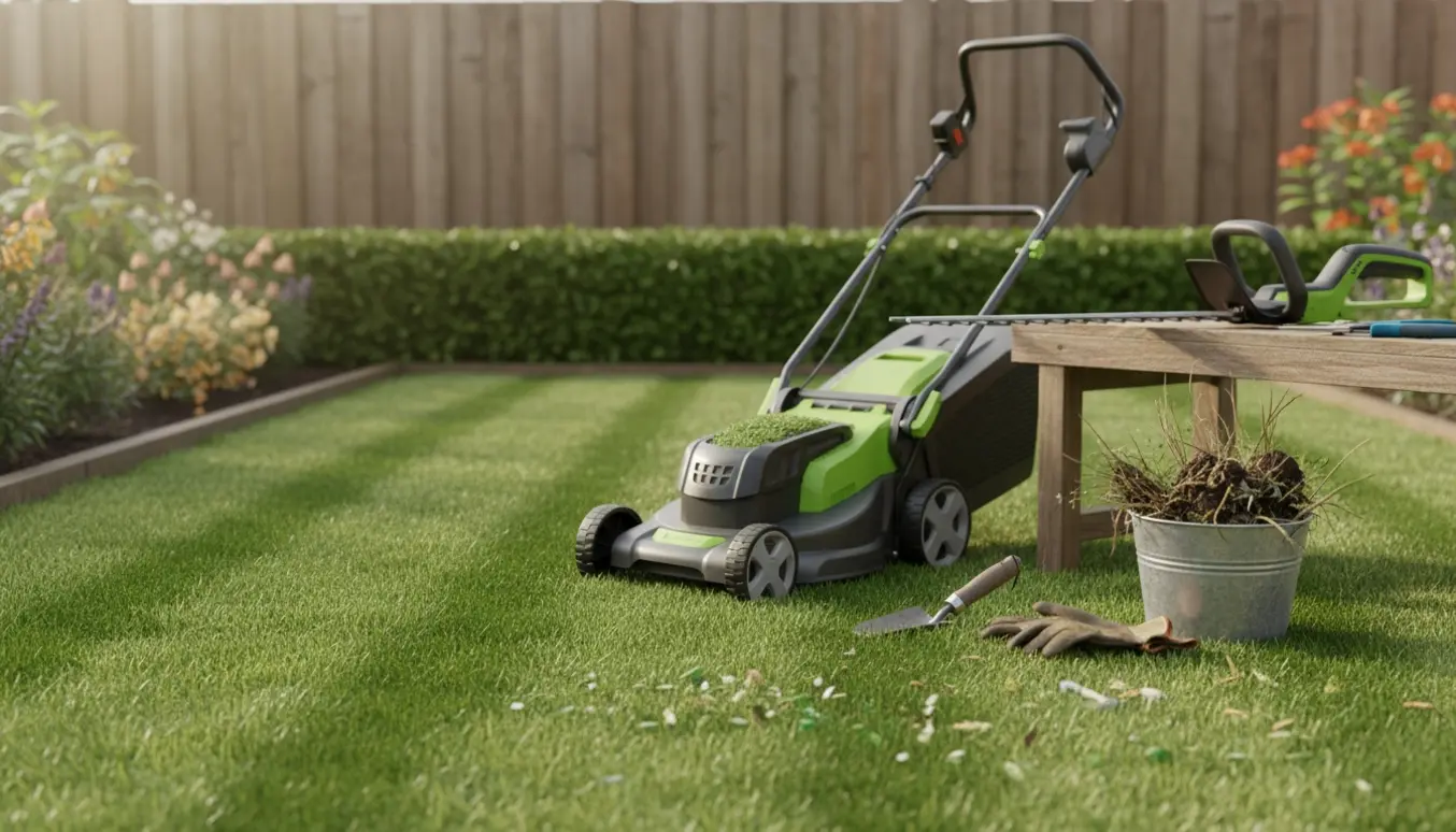 Lille privat græsplæne nyklippet med hækkeklipper, plæneklipper og en spand med opsamlet ukrudt.