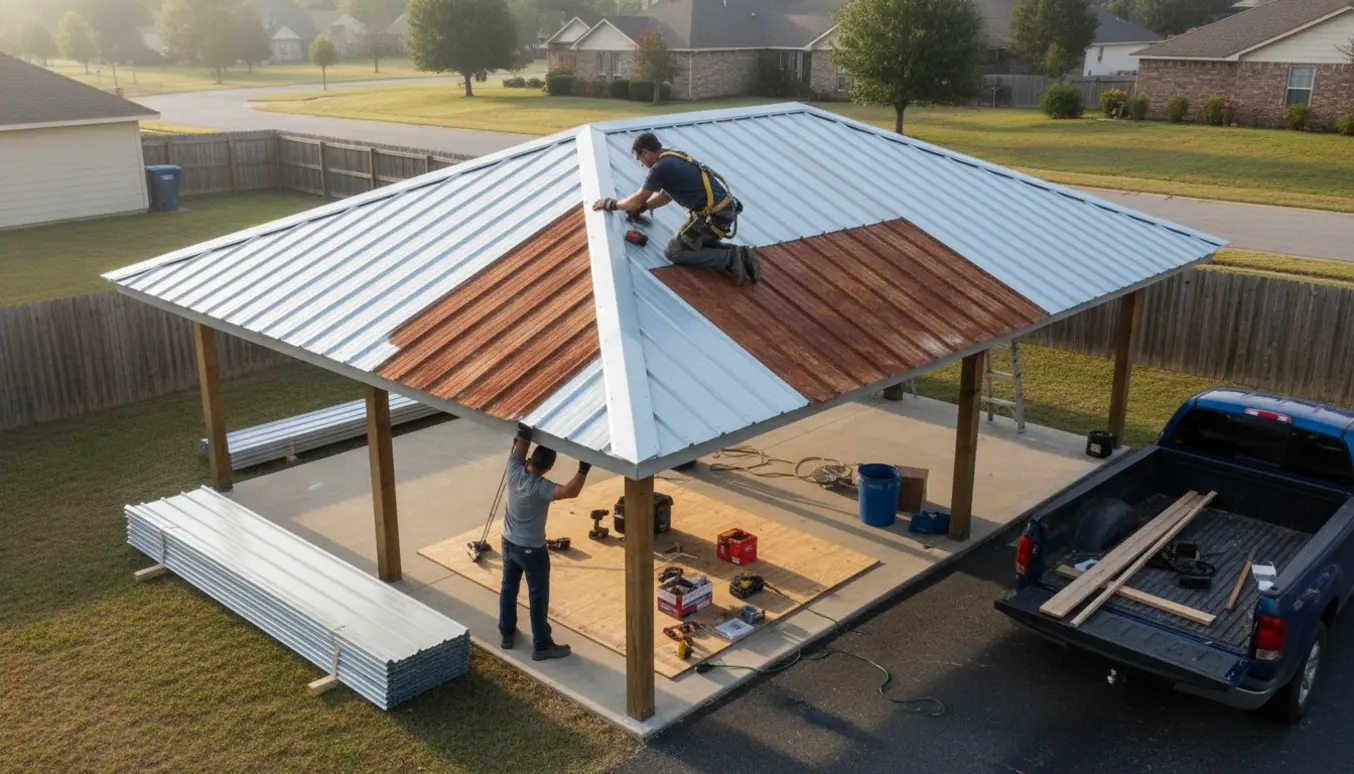 Udskiftning af trapez-tagplader på en dobbel carport med nye plader stablet ved siden af.
