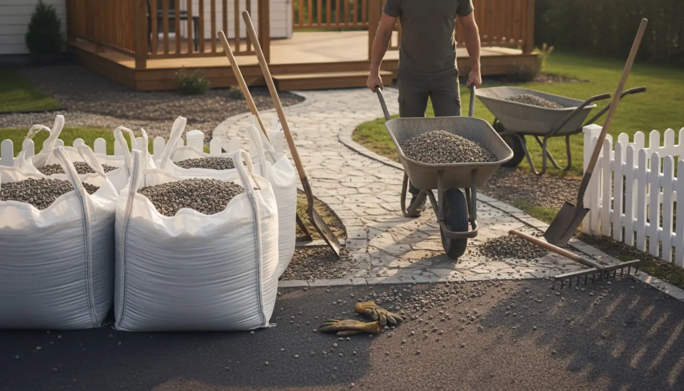 Trillebør fyldt med grus ved store bigbags på indkørslen, klar til at blive kørt langs stien og spredt ud på en terrasse.