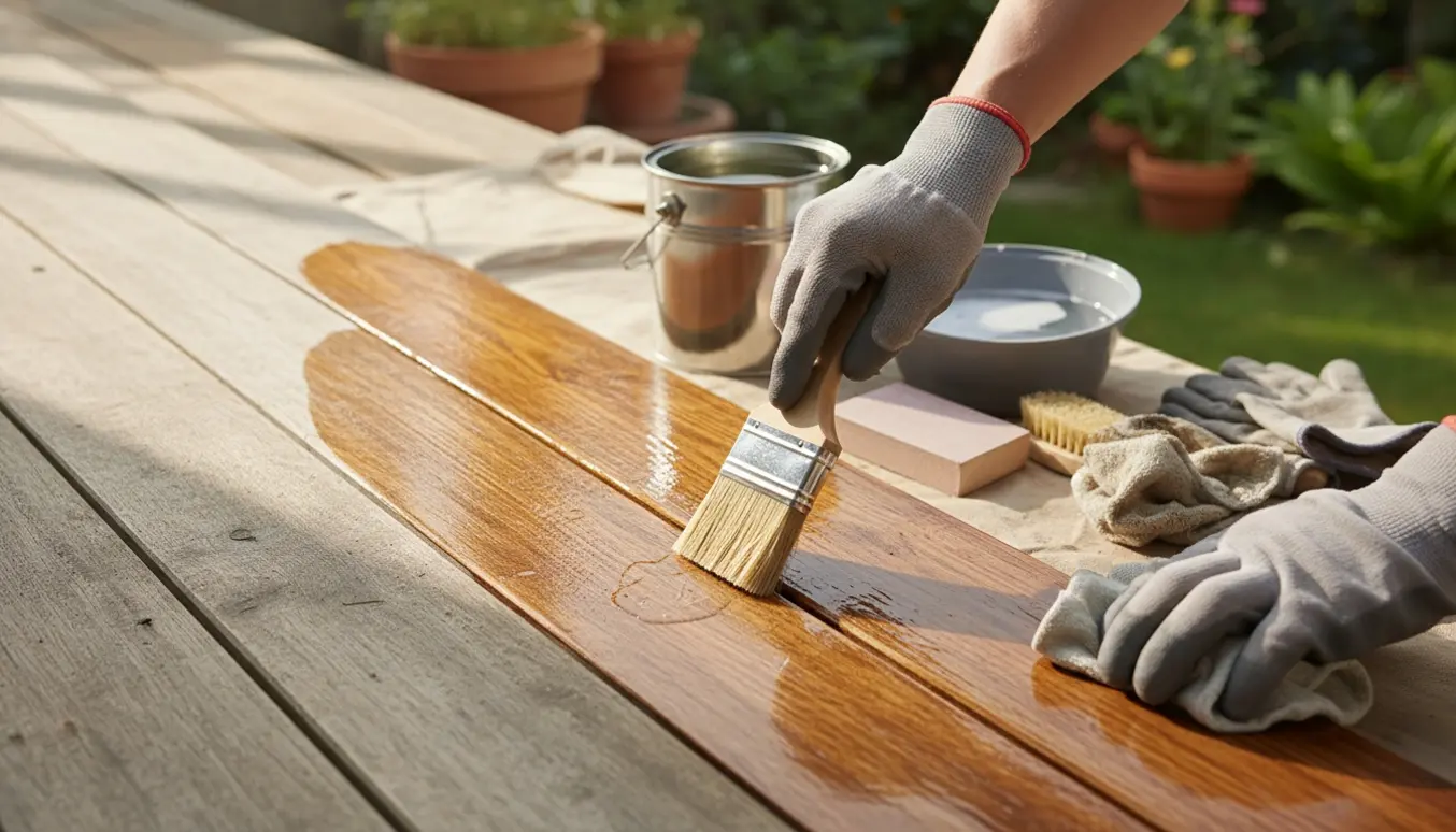 Nærbillede af hænder, der olierer træværk med pensel og klud, hvor forskellen mellem tørt og olieret træ er tydelig.