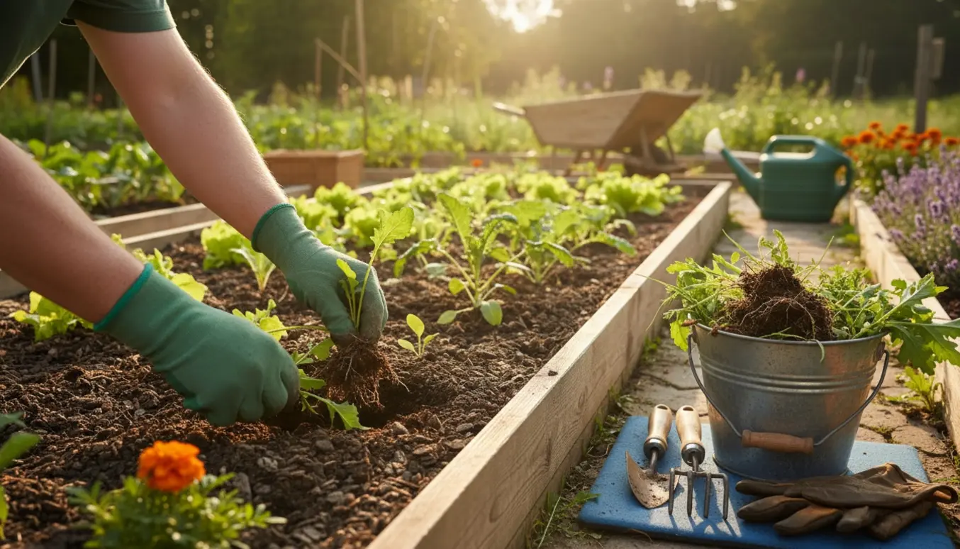 Handskeklædte hænder trækker ukrudt op fra et højbed med haveværktøj i baggrunden.
