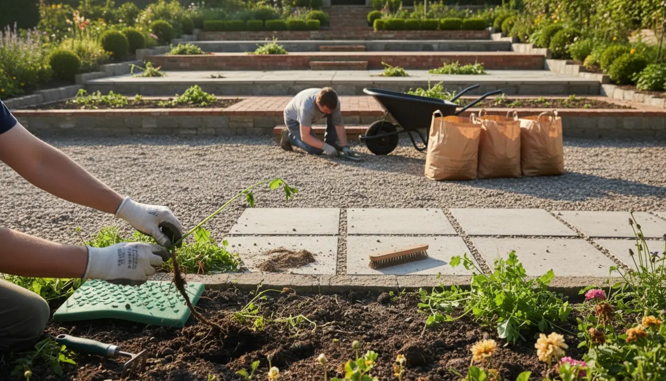 Hænder i handsker luger ukrudt mellem fliser og skærver med fyldte affaldssække i baggrunden.
