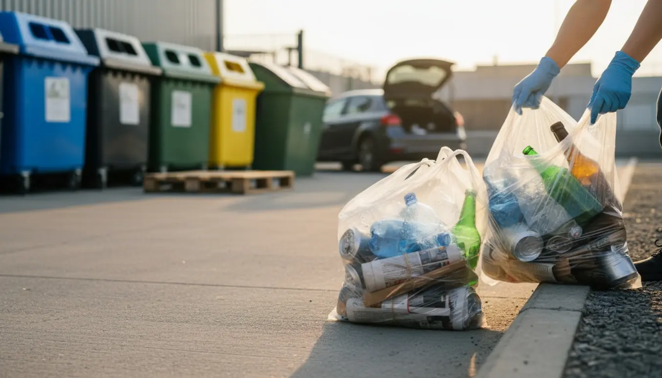To klare sække med sorteret skrald ved en moderne genbrugsstation i aftensol.