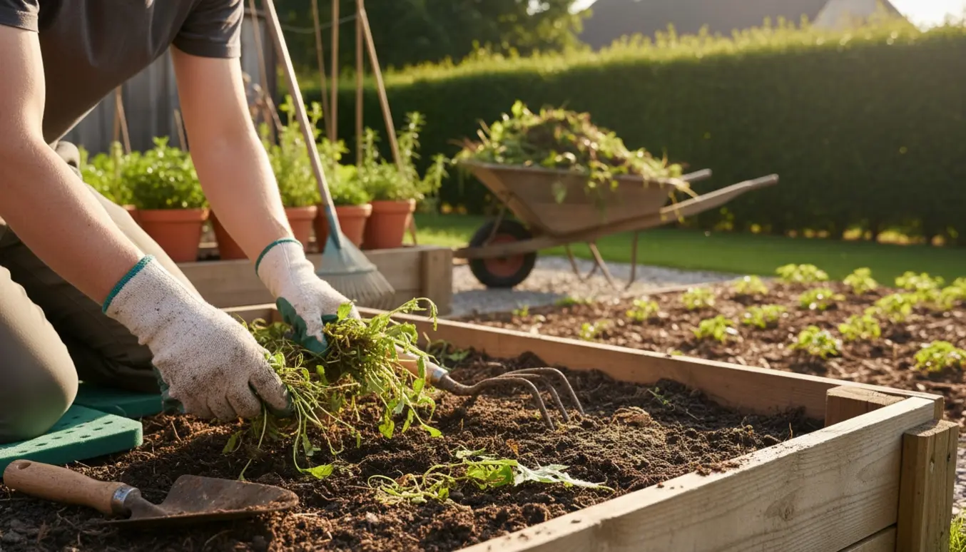 Hænder i handsker luger tæt ukrudt i et hævet bed med værktøj og en trillebør med ukrudt i baggrunden.