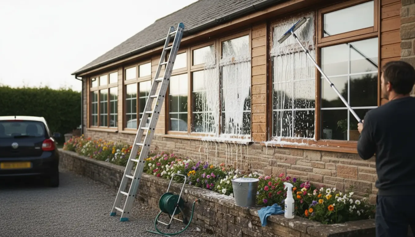 Udvendig vinduespudsning af et enkeltplans kolonihavehus med stige, skureskum og spand i forgrunden.