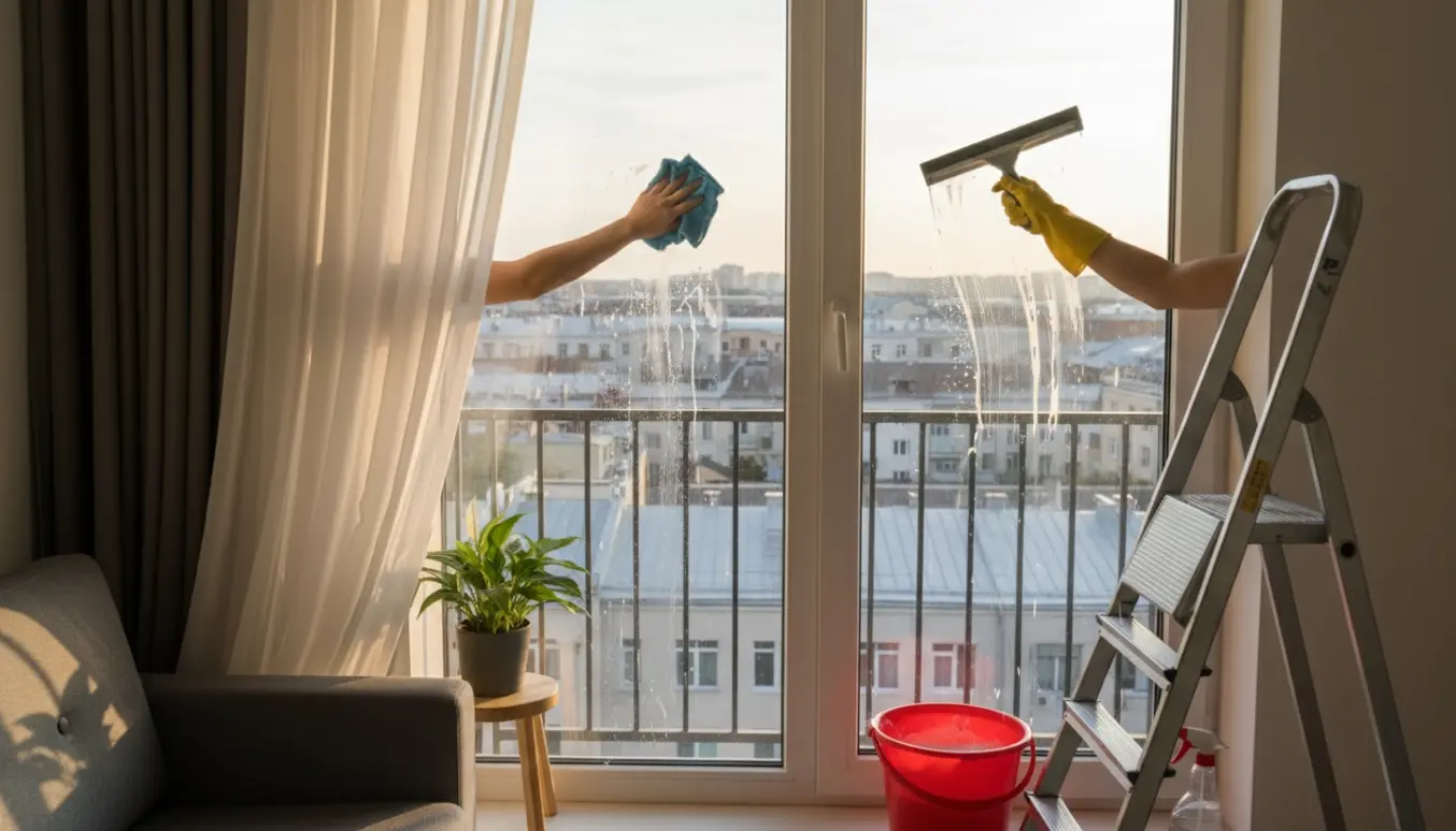 Hænder pudser vinduer inde og ude i en lys 2-værelses lejlighed med stribefri glas.