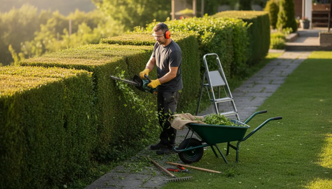 Havemand trimmer en tæt stedsegrøn hæk på en skråning med klip i en trillebør.