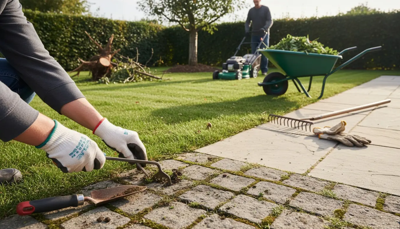 To små haver hvor ukrudt fjernes mellem fliser, hæk klippes, græs slås og et æbletræ graves op.