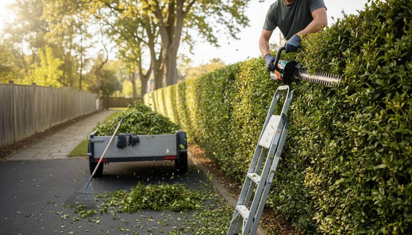 En gartner trimmer en lang hæk fra siden og toppen med en trailer fyldt med afklip.