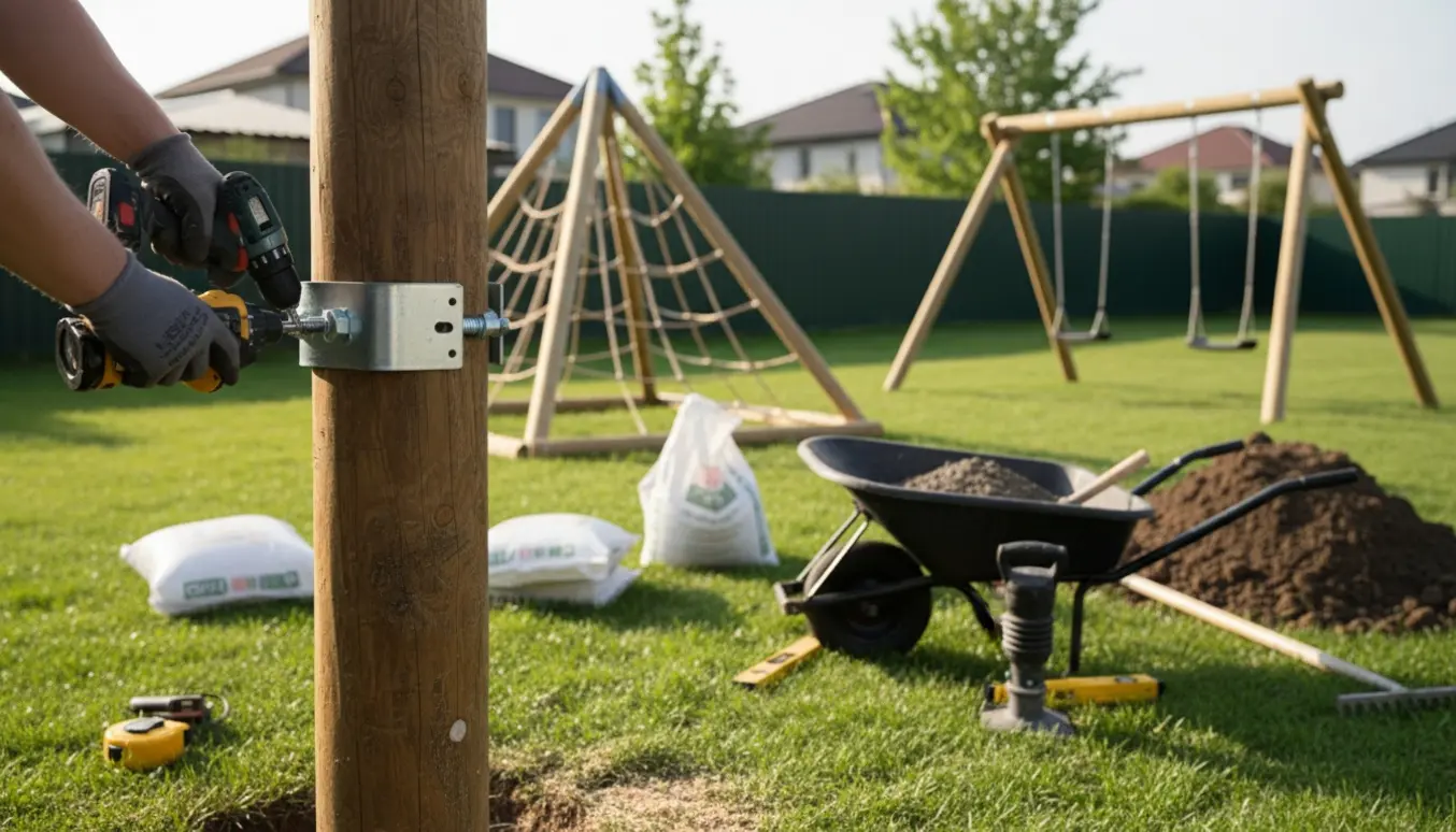 Nærbillede af hænder, der monterer en trælegeplads på græs med værktøj og sække tørbeton i baggrunden.