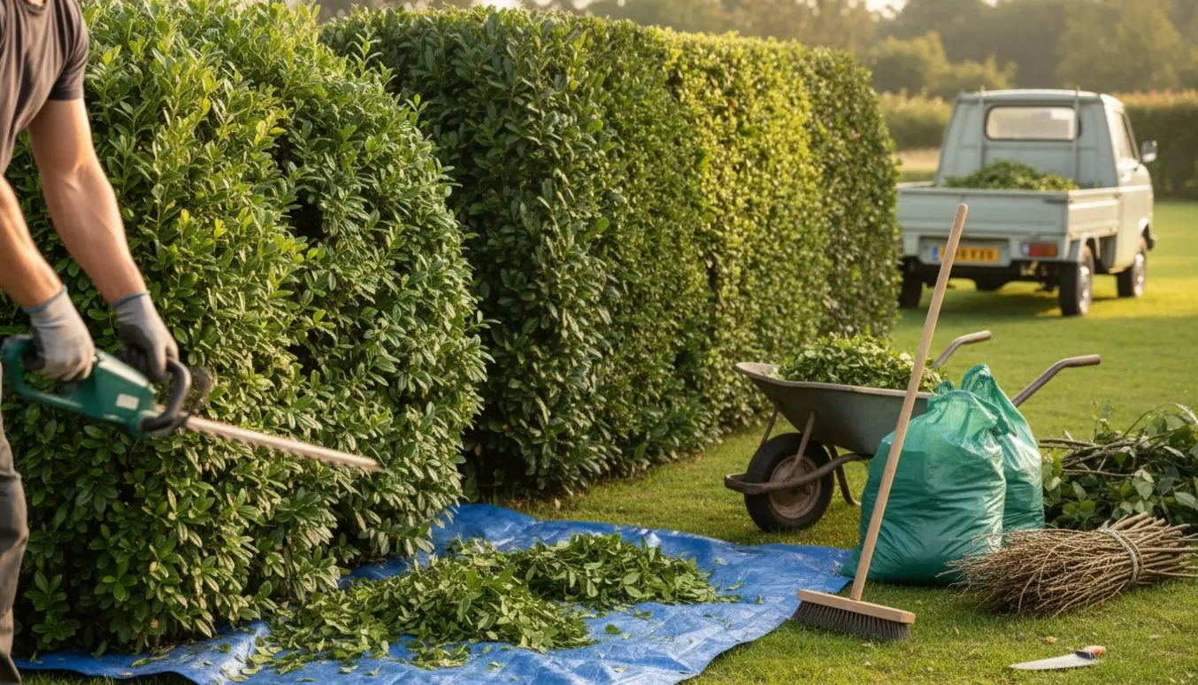 En havehjælper klipper en liguster- og laurbærhæk og samler afklip i trillebør og sække.
