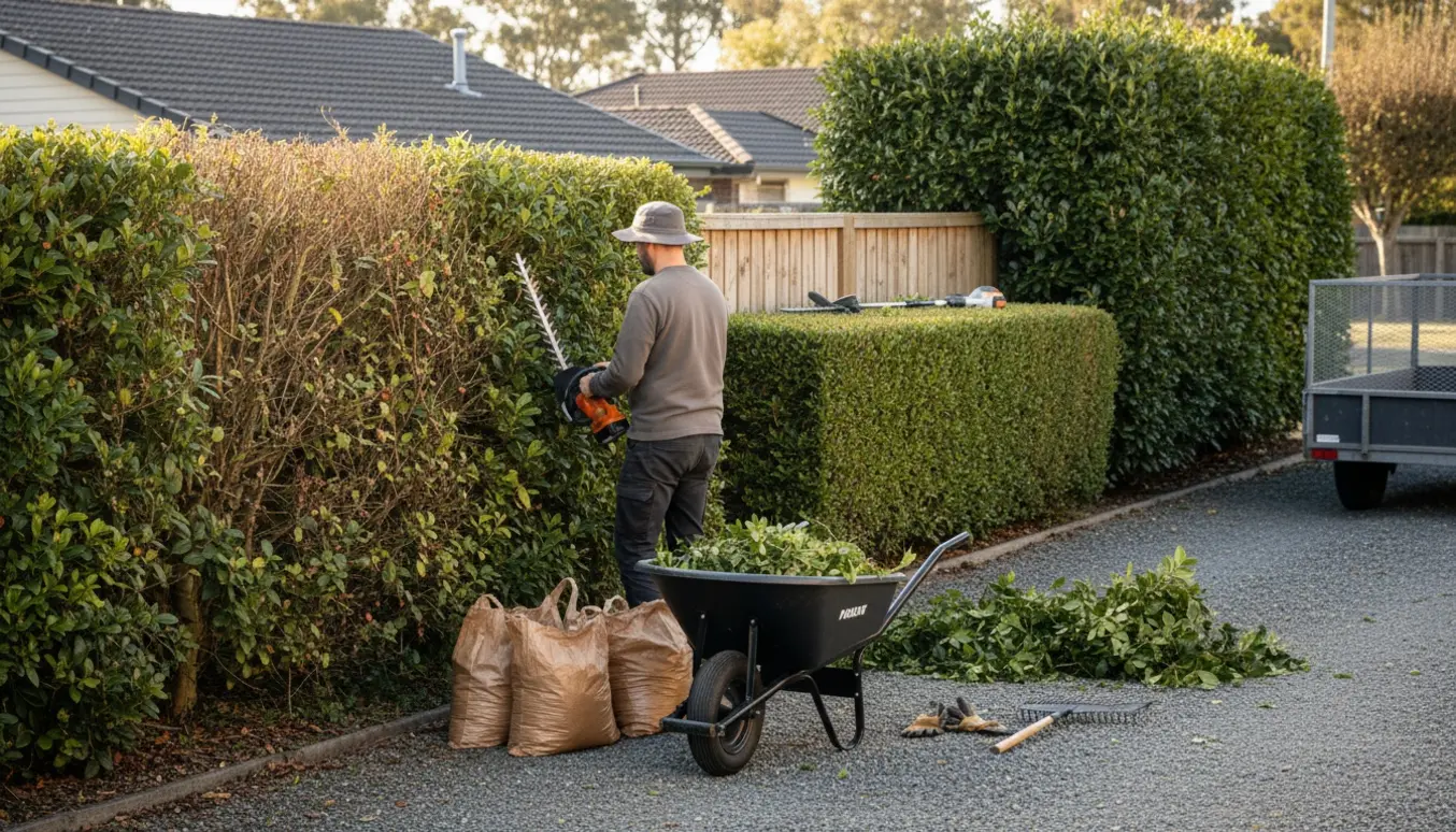Havemand set bagfra trimmer tre forskellige hække ved en indkørsel med afklip samlet i trillebør.