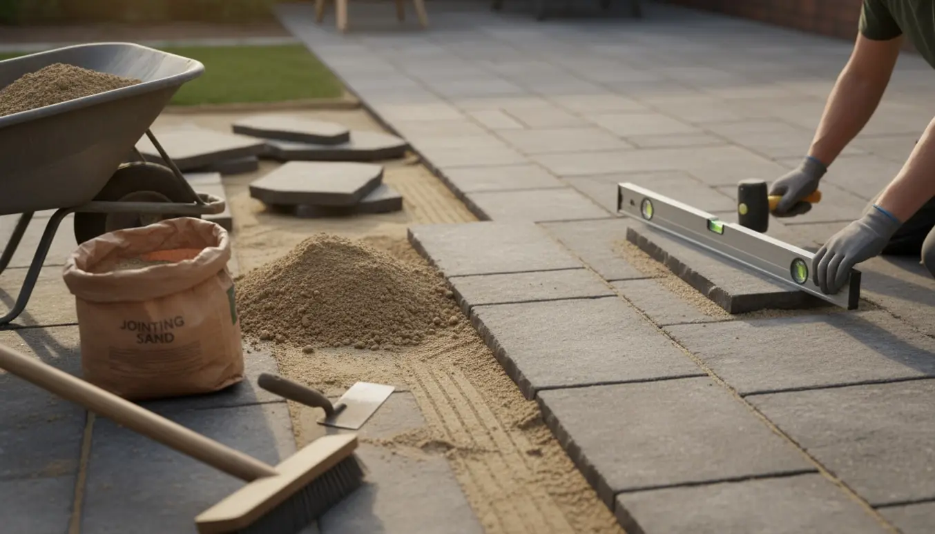 Nærbillede af hænder i handsker, der retter og genlægger fliser på en baghavebelægning med vaterpas og fugesand.