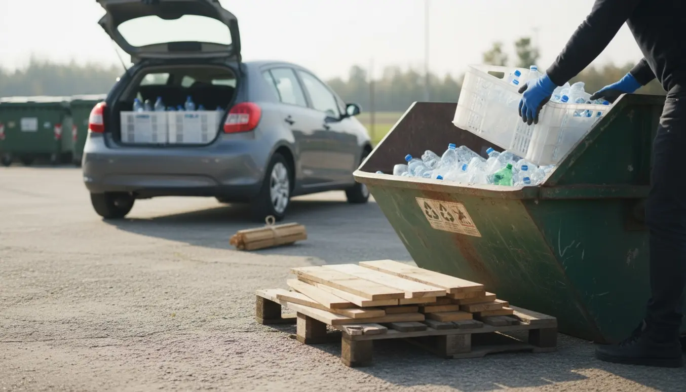 En bil ved genbrugspladsen med små, sorterede mængder plastik og træ ved en metalcontainer.