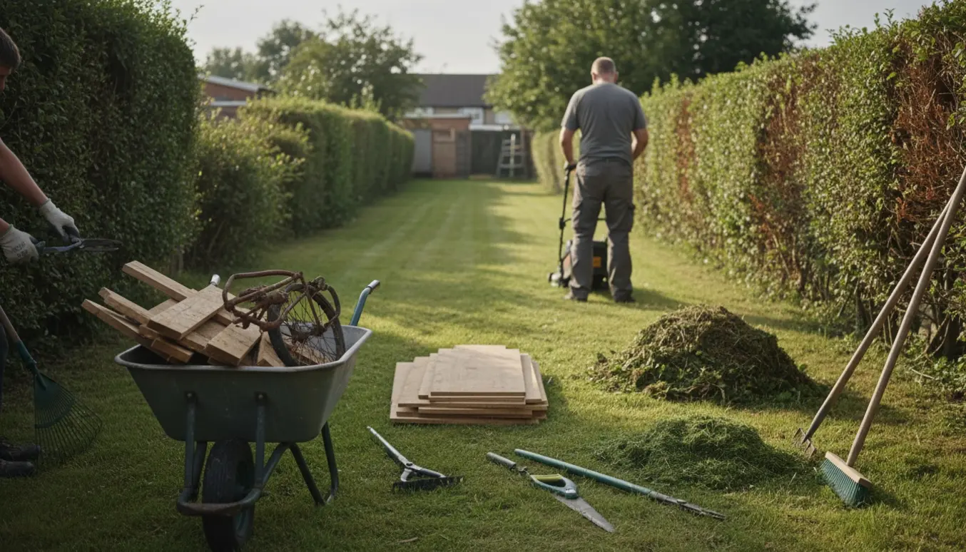 Aflang rækkehus-have i naturligt lys, hvor byggeaffald og en ødelagt cykel bliver fjernet, græs er slået og buske beskåret.