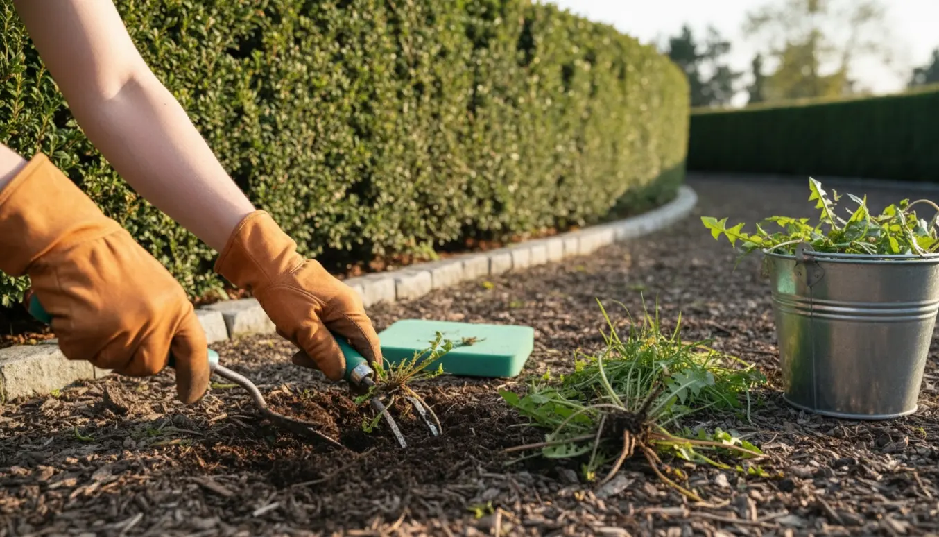 Hænder i havehandsker fjerner ukrudt ved bunden af en veltrimmet hæk med spand til ukrudt.