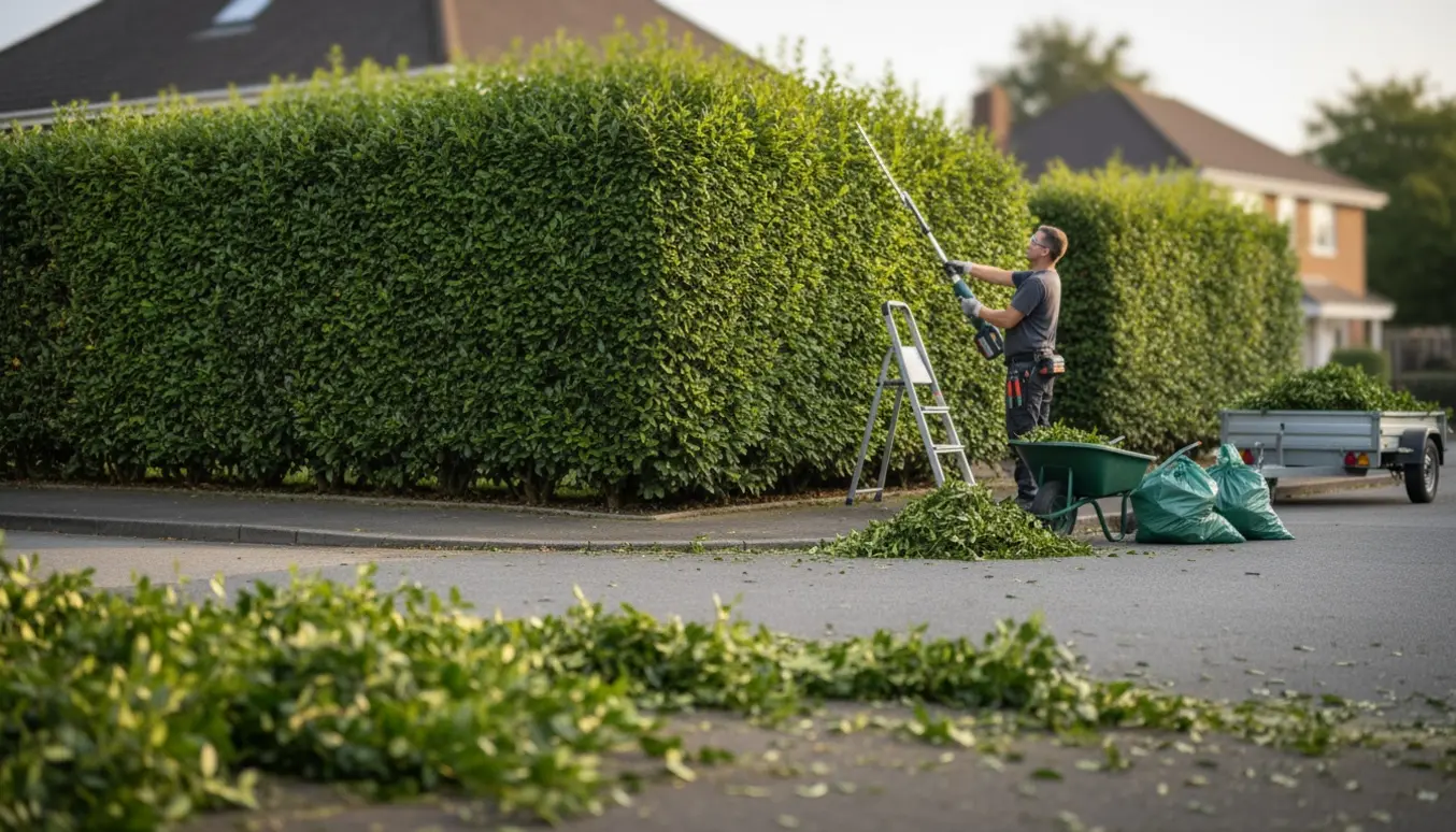 Gartner klipper en ligusterhæk ved en hjørnegrund, mens afklip samles til bortkørsel.