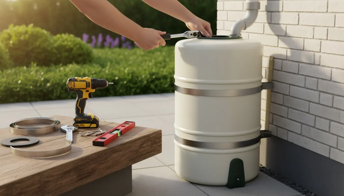 Montering af en regnvandsbeholder ved husets nedløbsrør med monteringskit og værktøj i forgrunden.