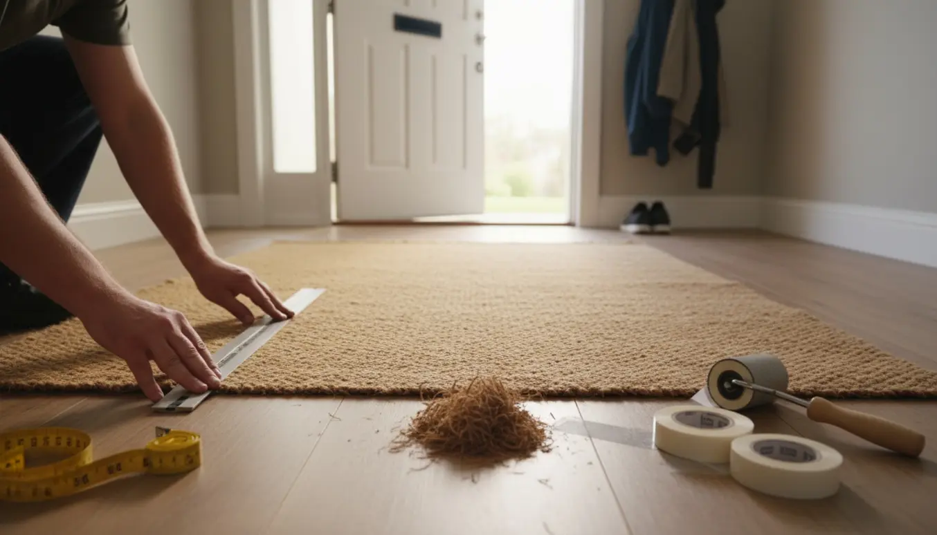 Installatør trimmer kant på et kokostæppe i en entre med værktøj rundt om.