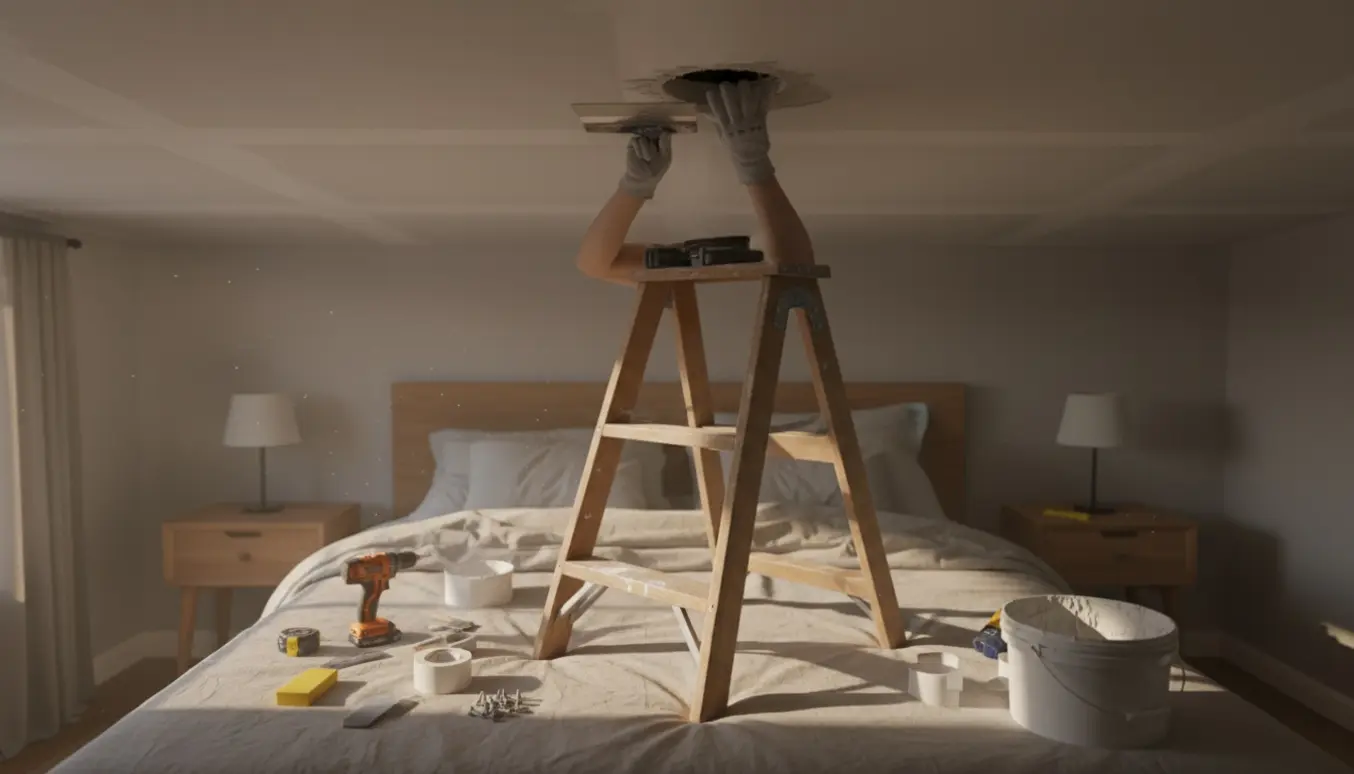 Loft i soveværelse under reparation med hul omkring lampe og hånd på stige, der påfører spartelmasse.