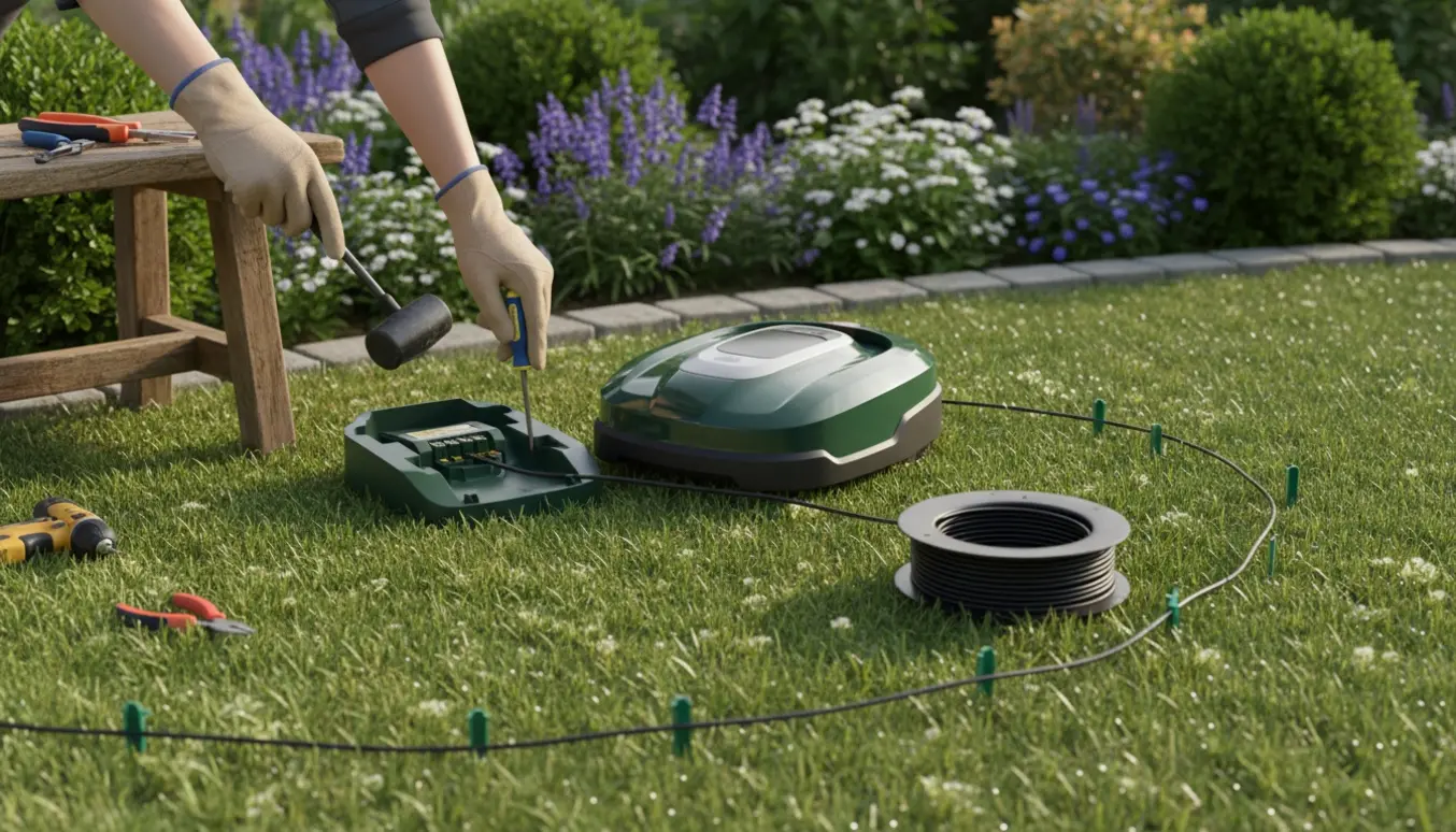 Robotplæneklipper monteres i haven med ladestation, begrænsningskabel og værktøj.