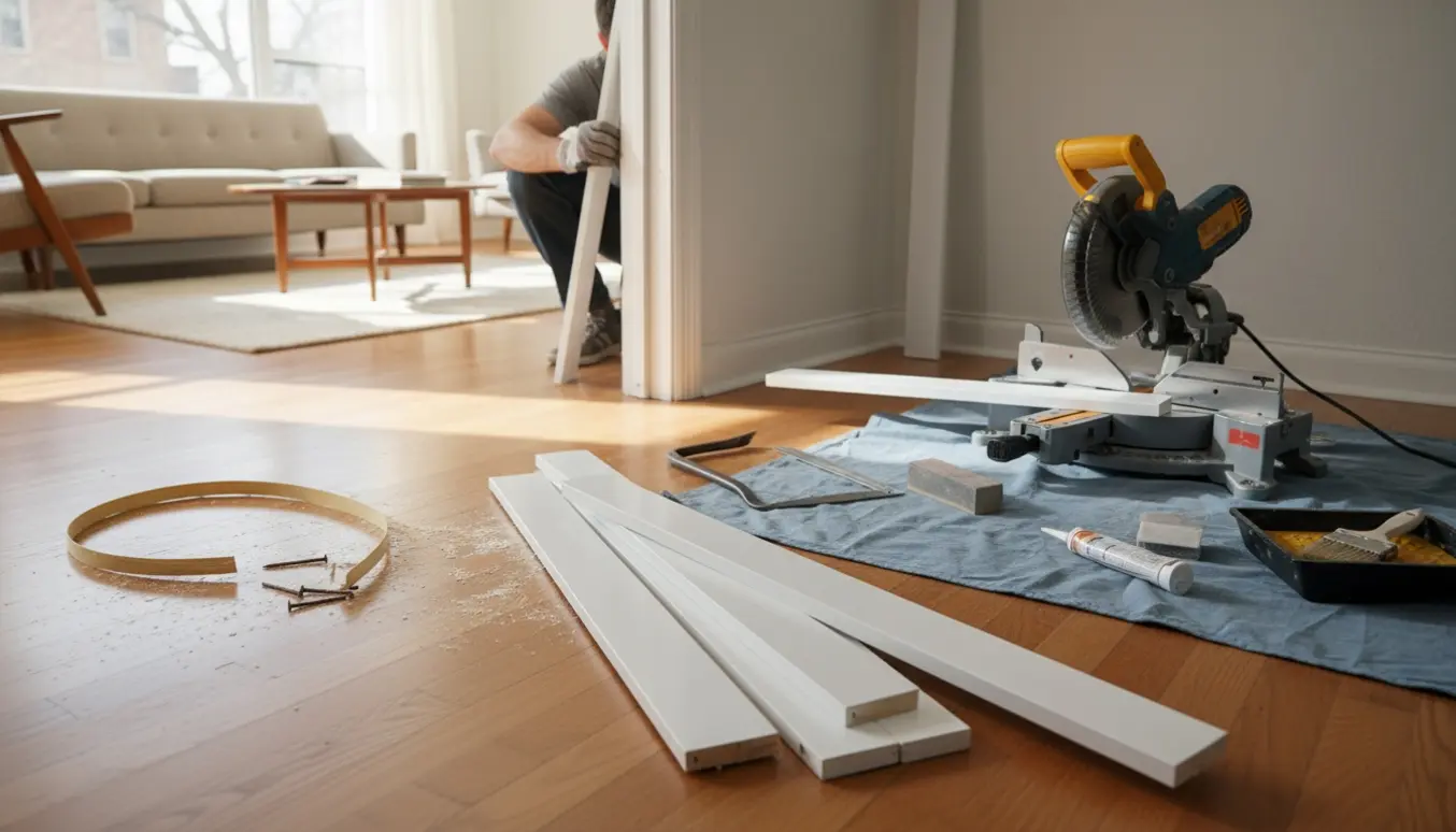 Hænder monterer nye hvide fodlister og dørkarme i en lys lejlighed.