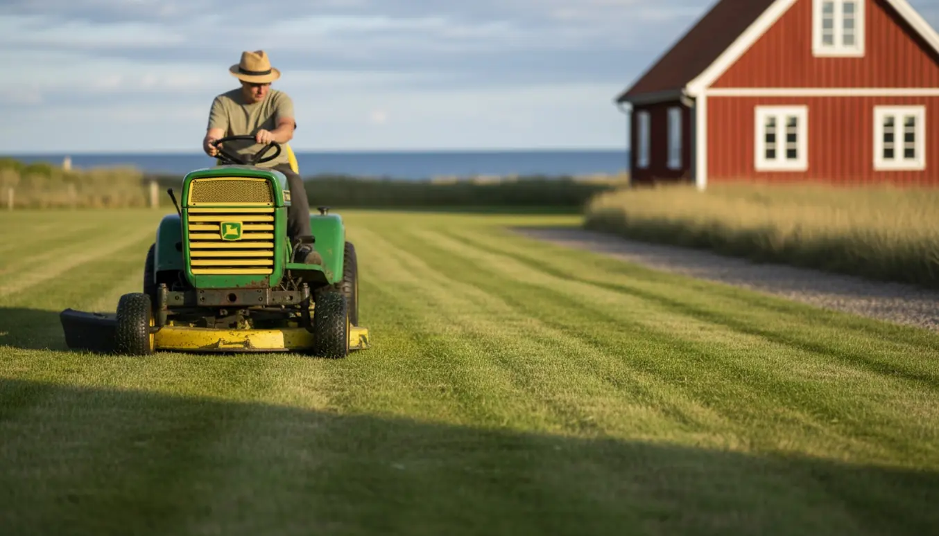 En havetraktor slår græsset foran et rødt sommerhus ved Hornbæk i varmt eftermiddagslys.