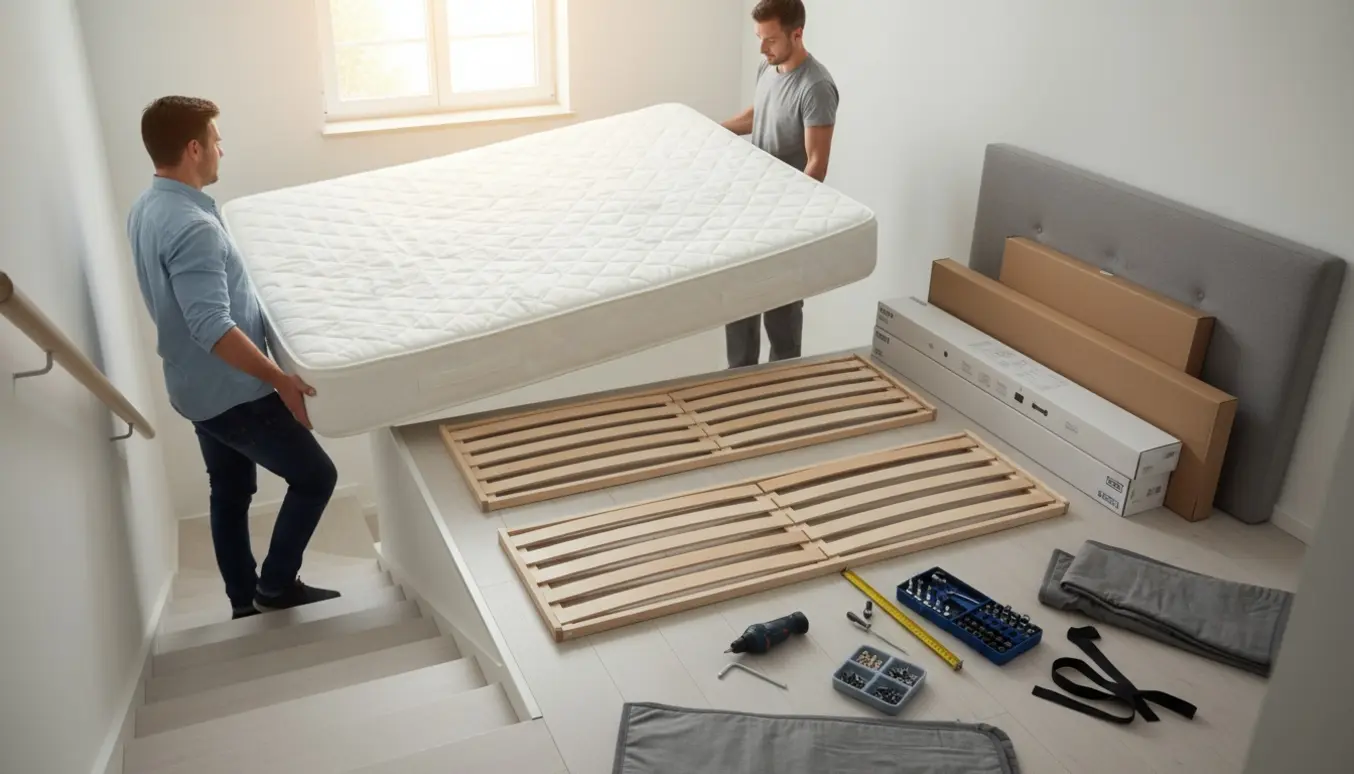 To personer bærer en stor madras op ad en trappe, mens sengedele og værktøj ligger klar på reposen.