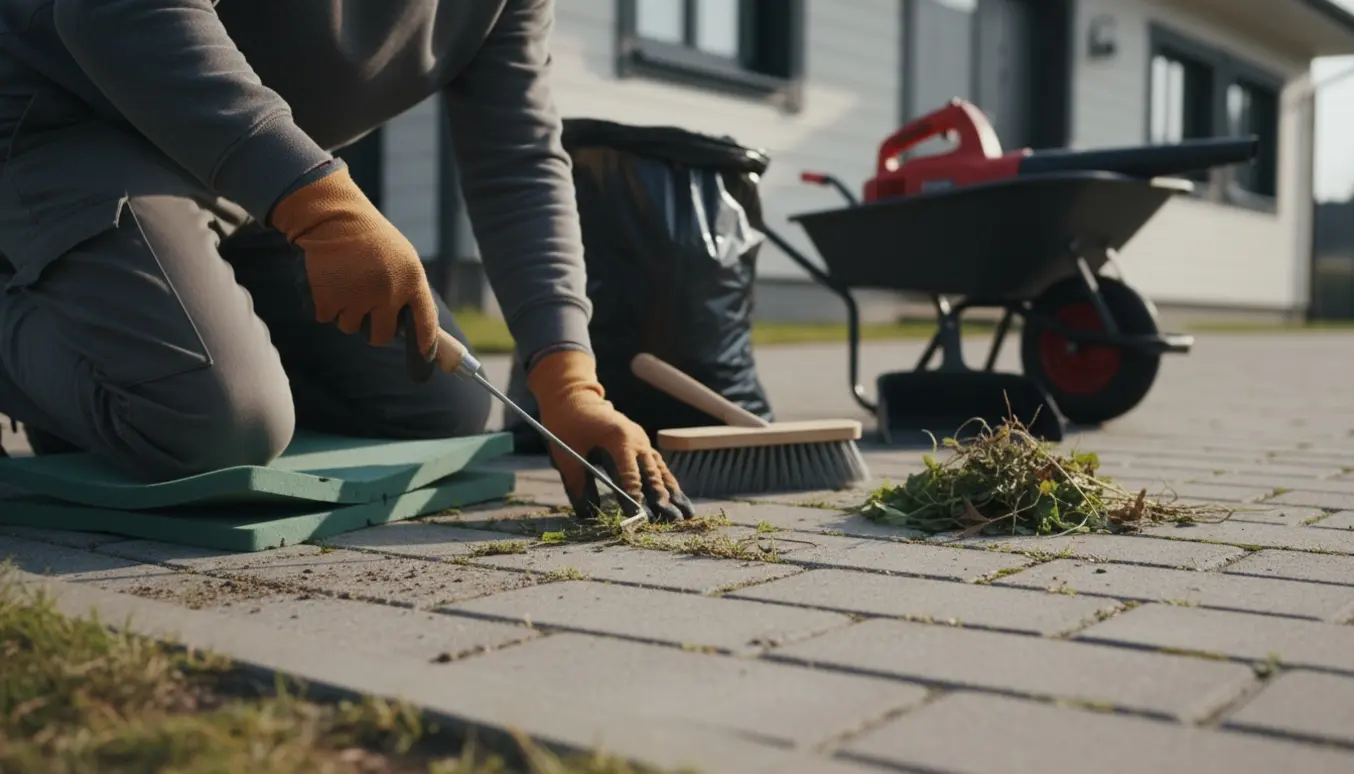 Hænder fjerner ukrudt mellem fliser rundt om et hus med redskaber og en bunke blade i baggrunden.