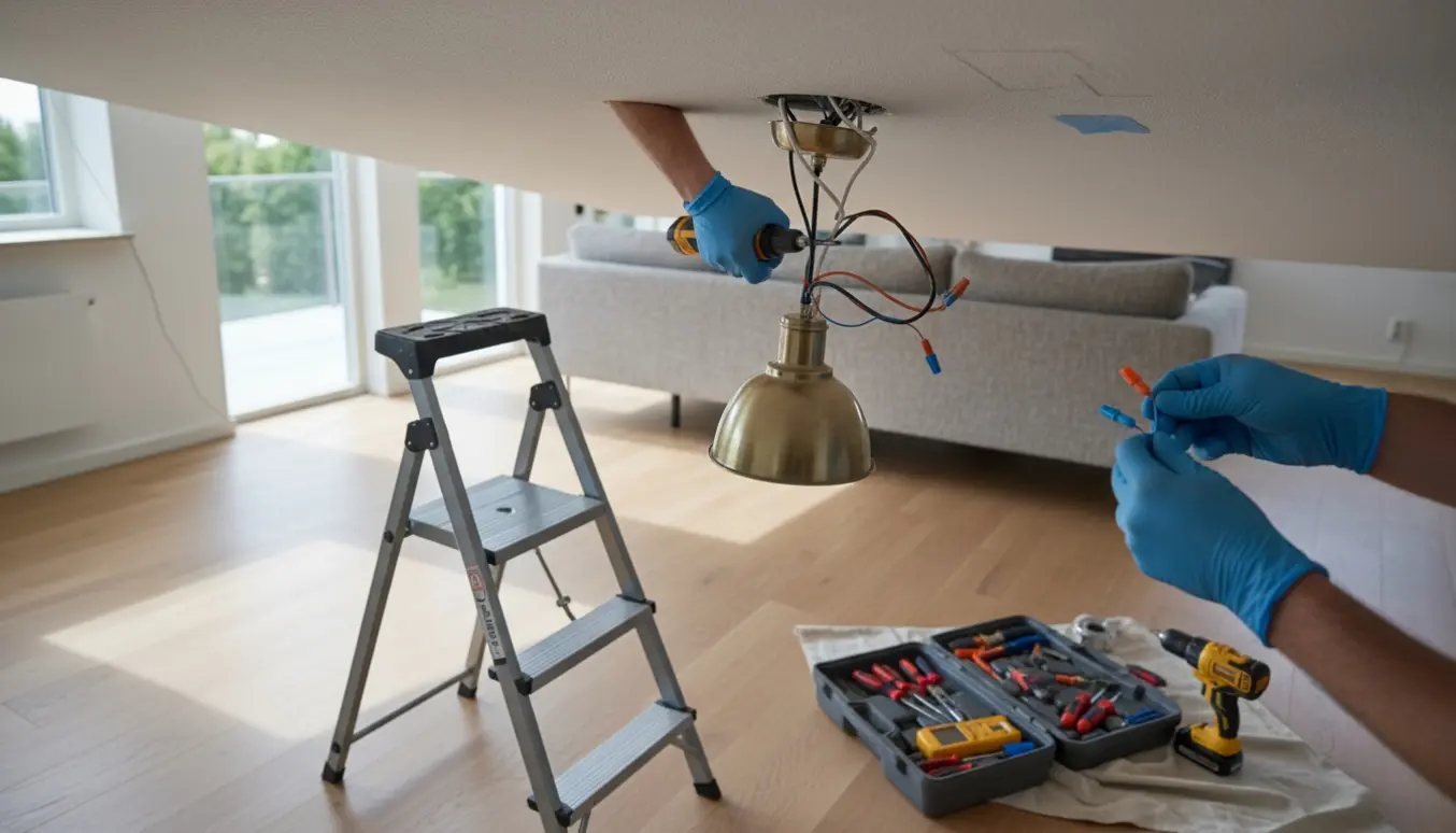 Hænder flytter en loftlampe i en stue med stige og værktøj på gulvet.