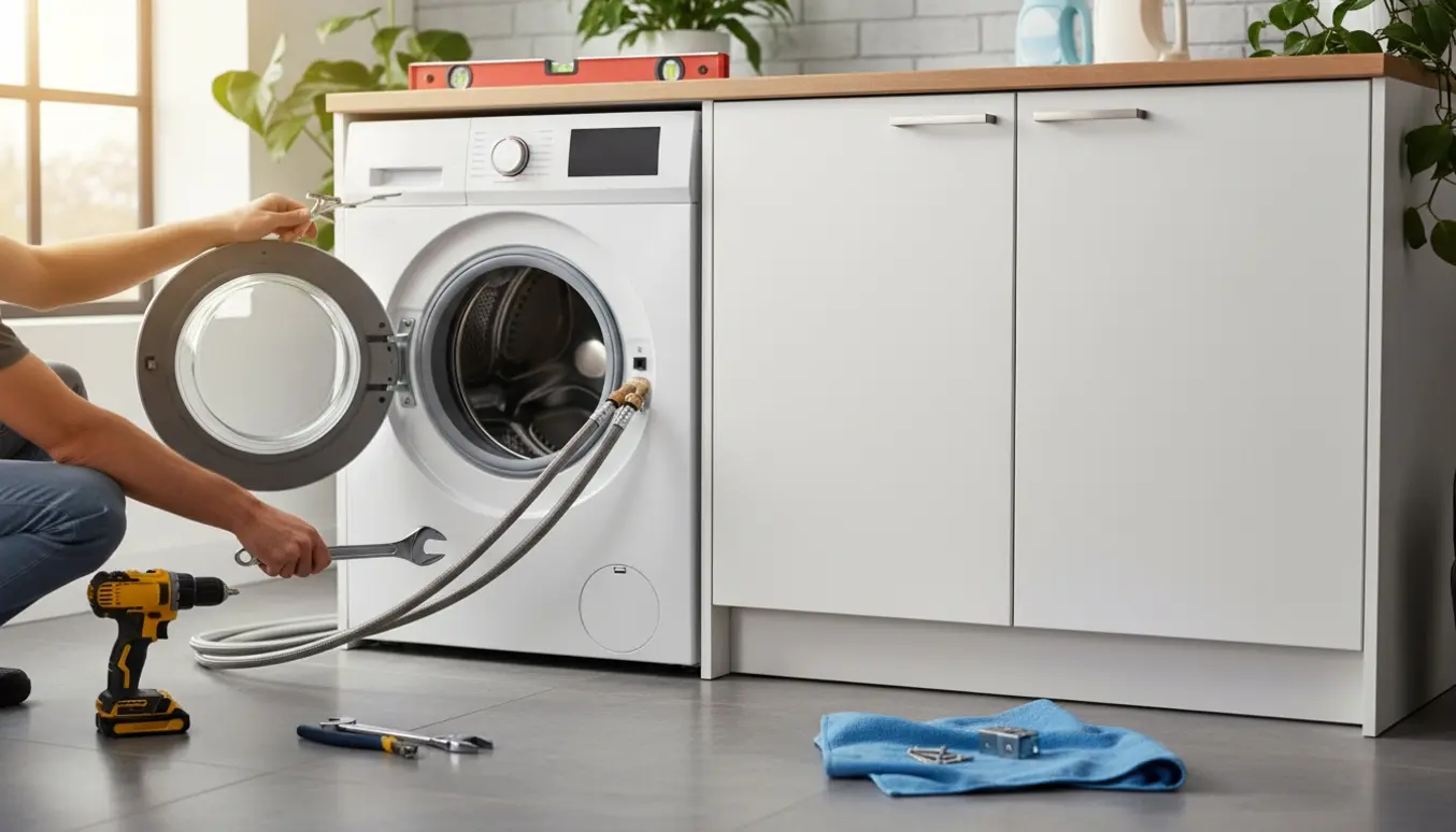 Et lyst bryggers hvor et køkkenunderskab placeres ved siden af en vaskemaskine, mens slanger og værktøj er fremme.