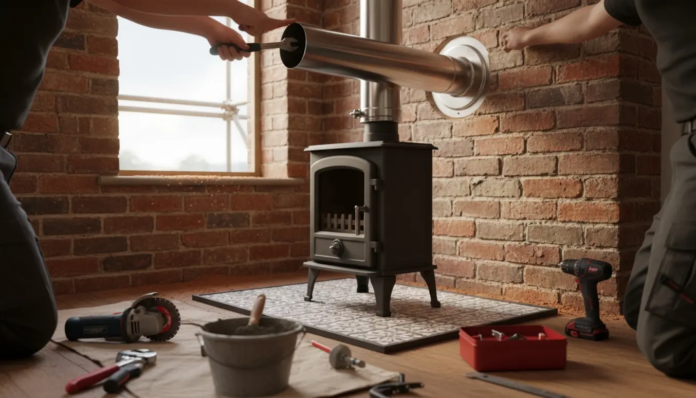 Skorsten føres gennem ydermuren og monteres, mens en brændeovn står klar på flisegulvet.