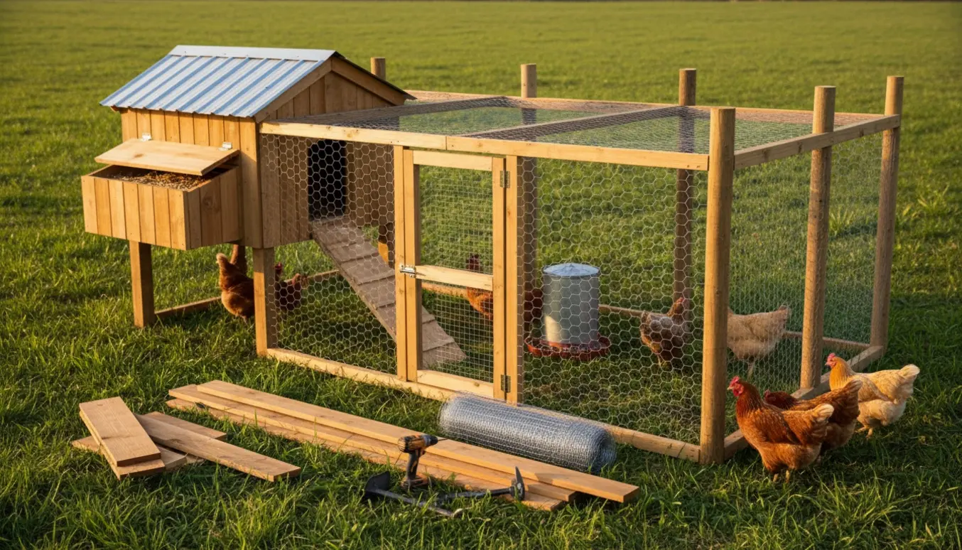 Lille træhønsehus med lang indhegnet løbegård på en grøn mark og værktøj og ruller kyllingetråd i forgrunden.