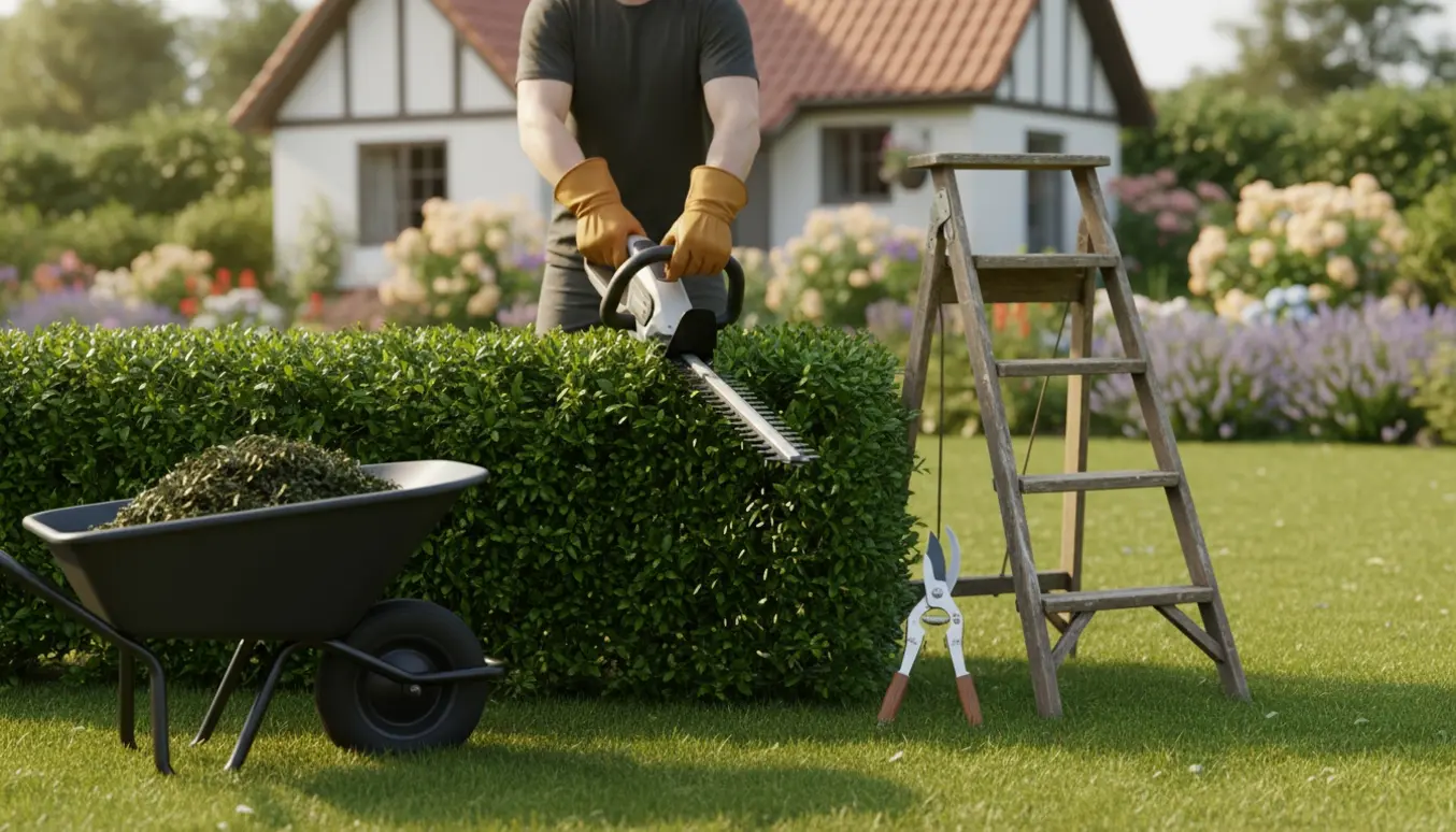 Hækkeklipning i solbeskinnet have med handske-beklædte hænder, elektrisk hækkeklipper og en fyldt skubvogn.