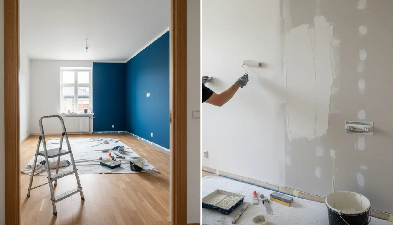 Lejlighed under maling med blå accentvægge, malerværktøj og filtet gipsvæg.