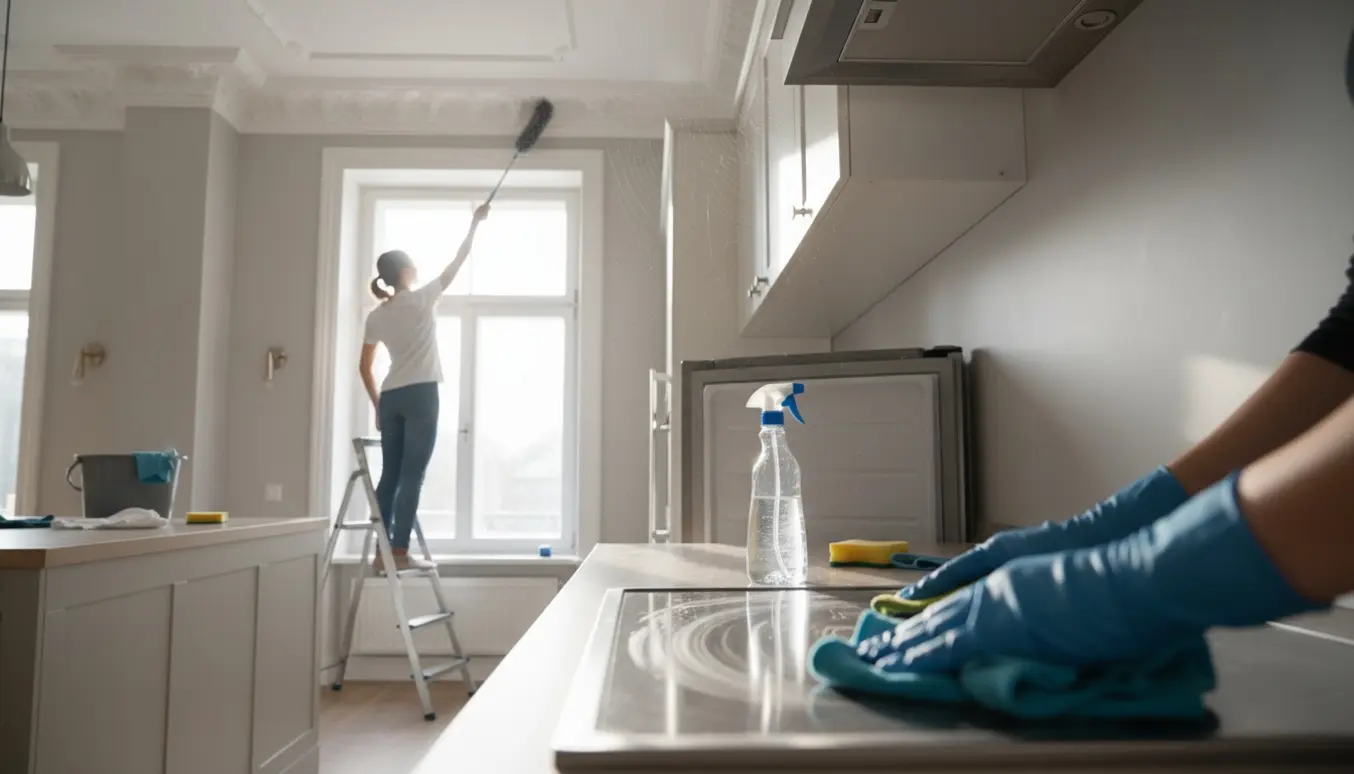 Et køkken med højloft, hvor en person fjerner spindelvæv fra loftskanten og en anden renser komfur og køleskab.