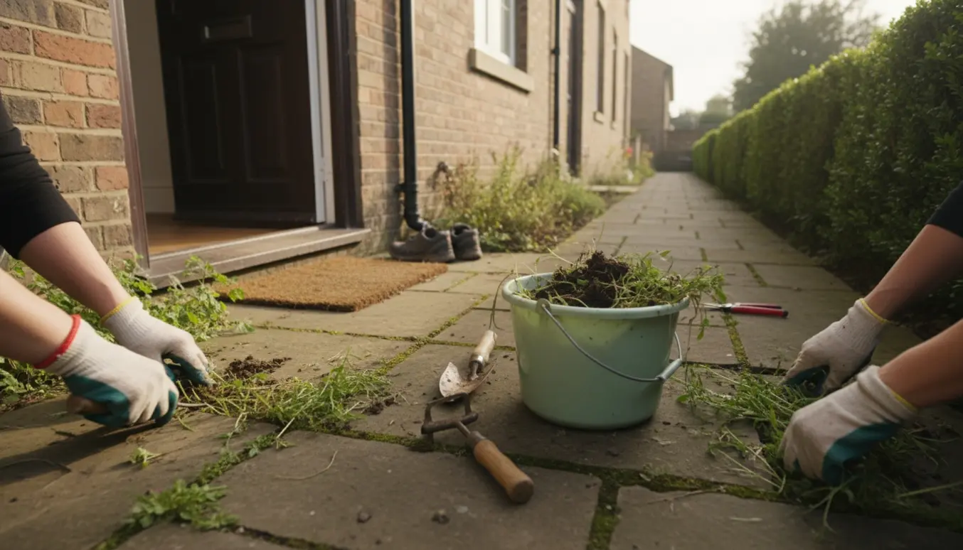 Hænder trækker ukrudt op mellem fliser på en terrasse foran et rækkehus med åben dør til haven.