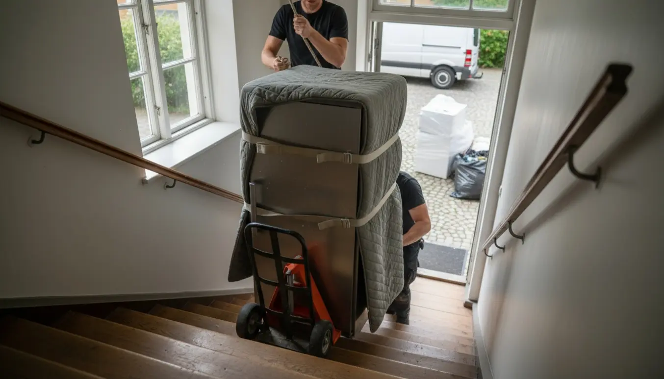 Flytning af stort rustfrit kølefryseskab op ad trappen mens et gammelt skab står indpakket til storskrald i gården.