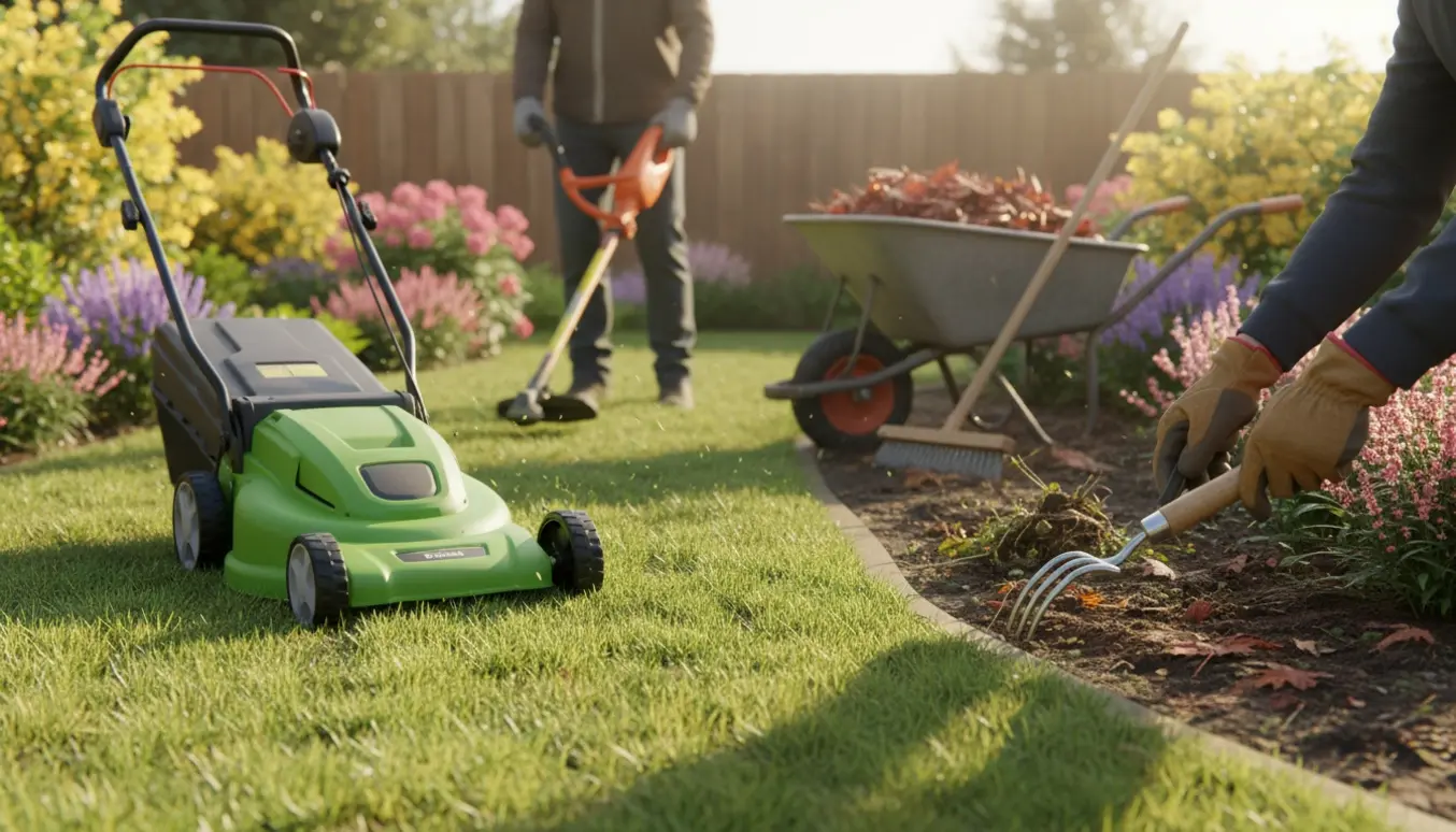 En have med plæneklipper, græstrimmer, lugning af bed og en bunke kostede blade i blødt morgenlys.