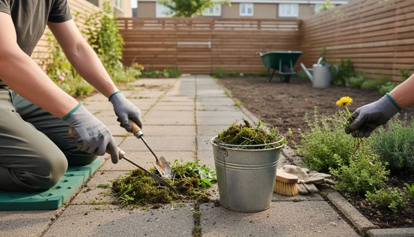 Nogen fjerner ukrudt mellem fliserne i en rækkehushave med handsker og lille hakke, mens et par haveværktøjer og en spand med ukrudt ligger klar.