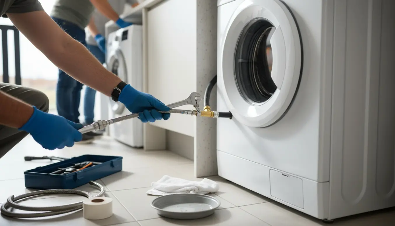 Hænder forbinder en forlænger til en vaskemaskines vand- og afløbsslange i et lyst vaskerum.